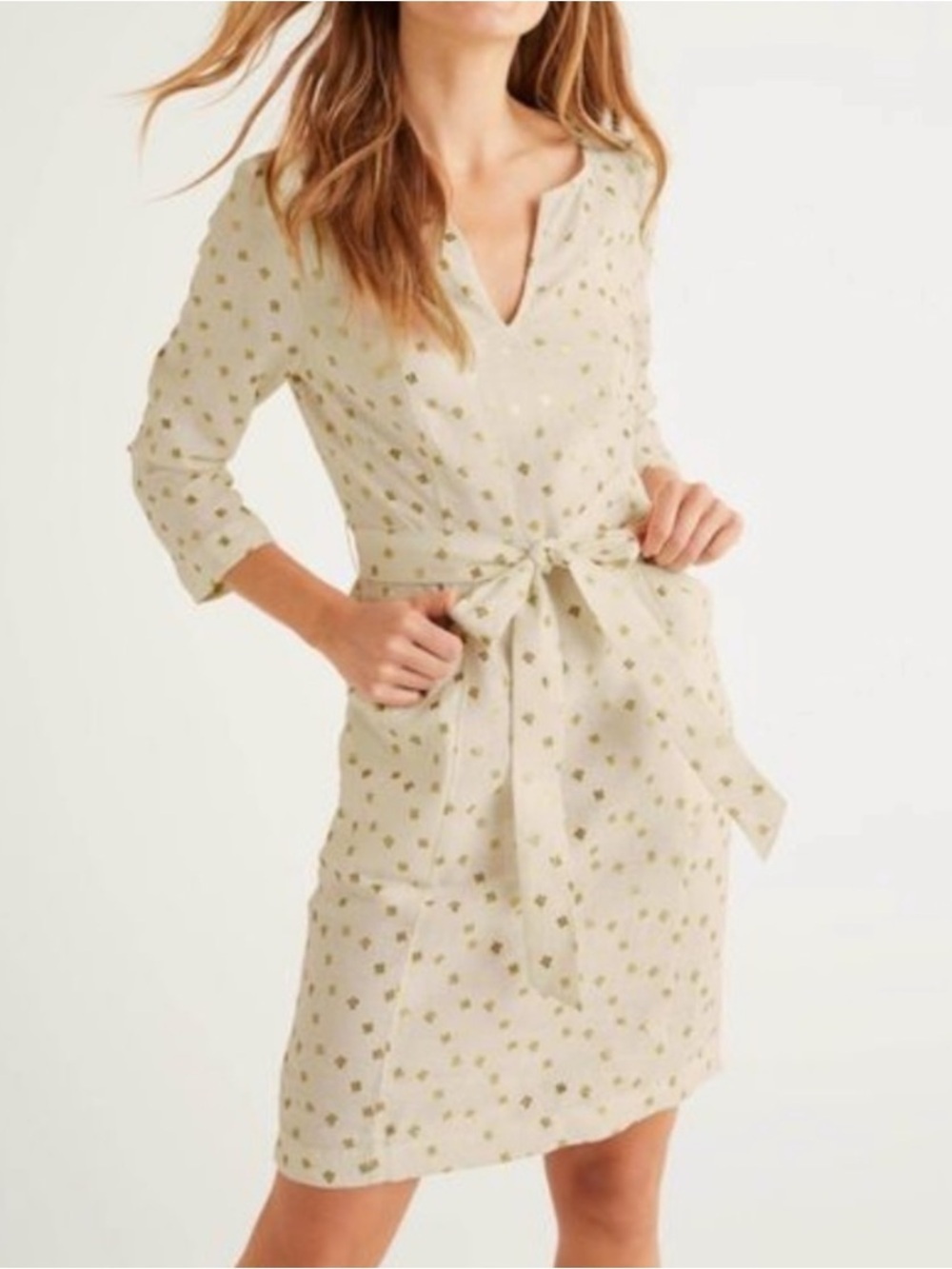 Boden Kelsey White Linen Midi Dress with Gold Floral Motif Beach Preppy Sz 10L
